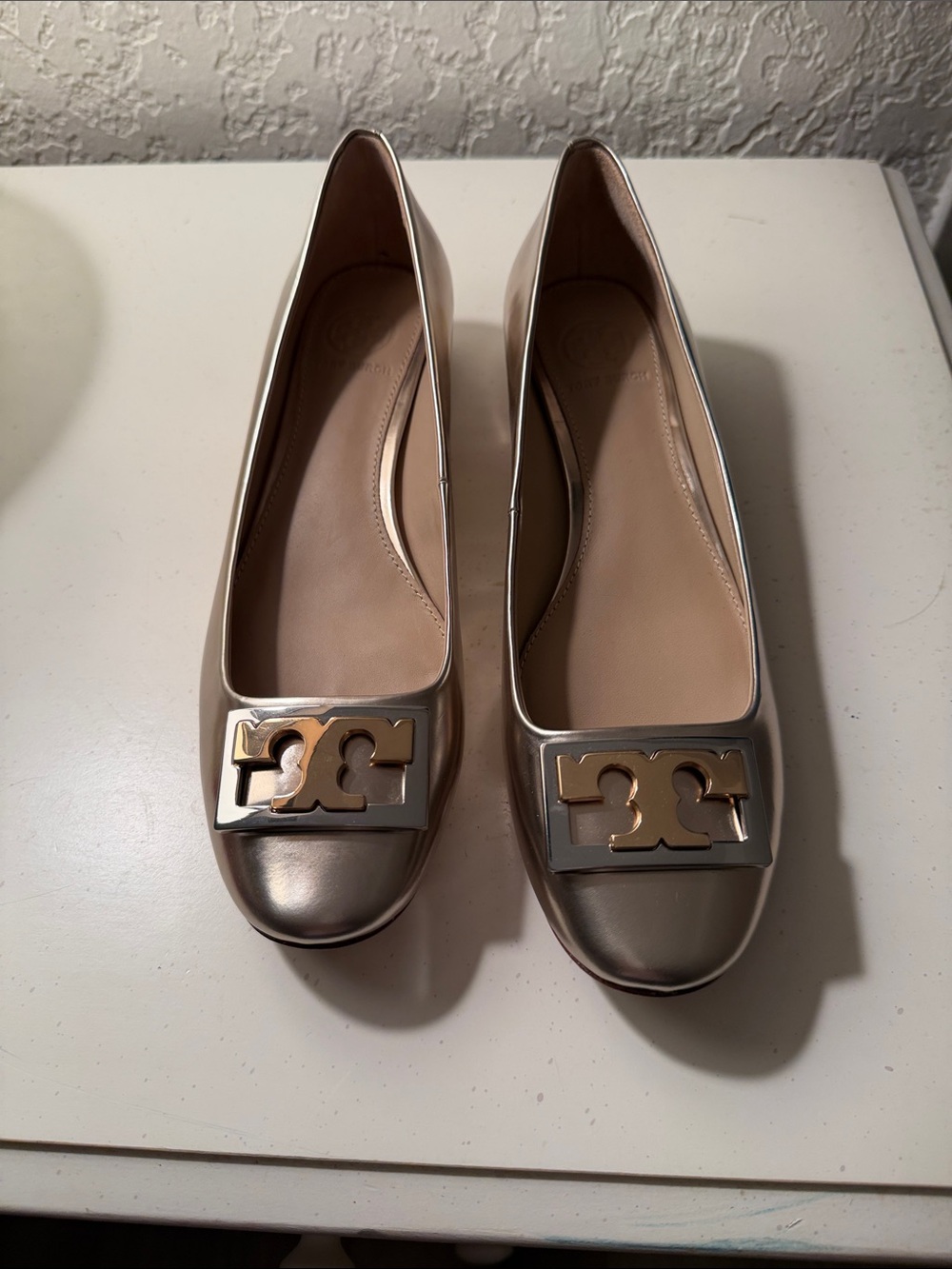 Tory Burch Metallic Taupe Ballet Flats with Gold Logo